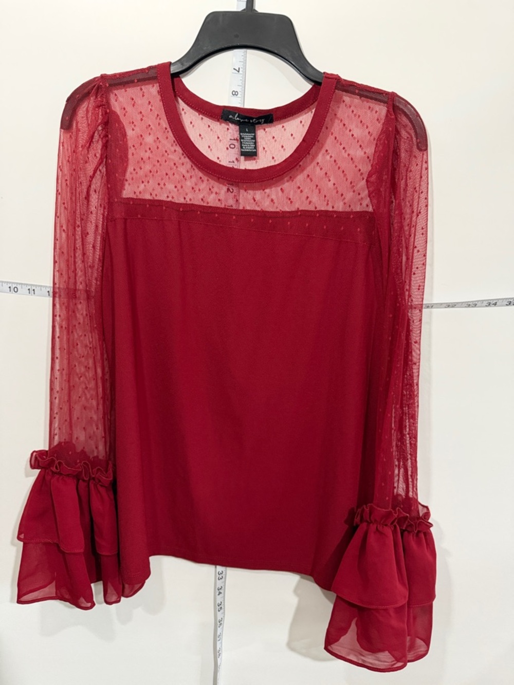 Women's Burgundy Sheer Dot Yoke Ruffle Cuff Blouse